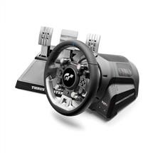 A black gaming steering wheel and three car control pedals