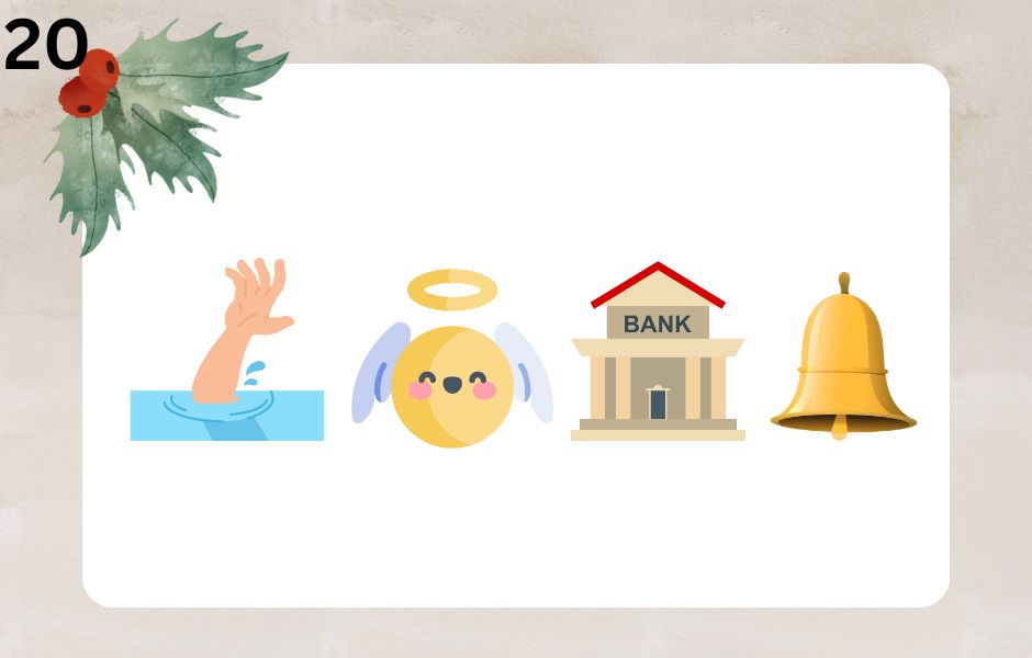 A hand coming out of water. An angel emoji. A Bank building. A Bell.