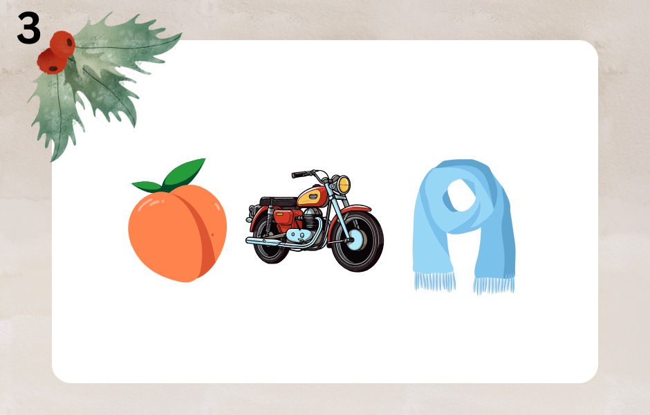 A peach. A red motorbike. A blue scarf.