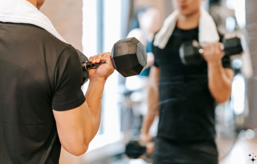 A man is lifting a weight - he can see himself in a mirror