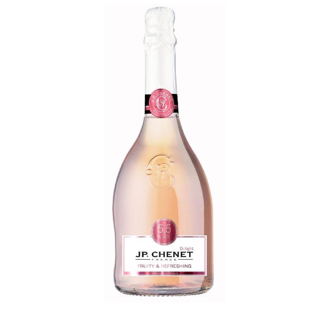 A bottle of pink fizzy wine with a silver top. 
